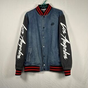 Young & Reckless Varsity Jacket Mens Medium Blue Denim Los Angeles Graphic Trim